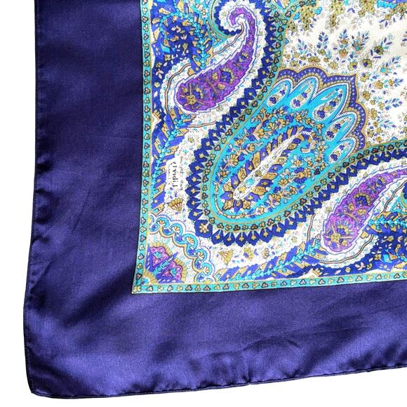Silky scarf navy & light blue green gold cream paisley vintage mid century chic - Picture 3 of 6